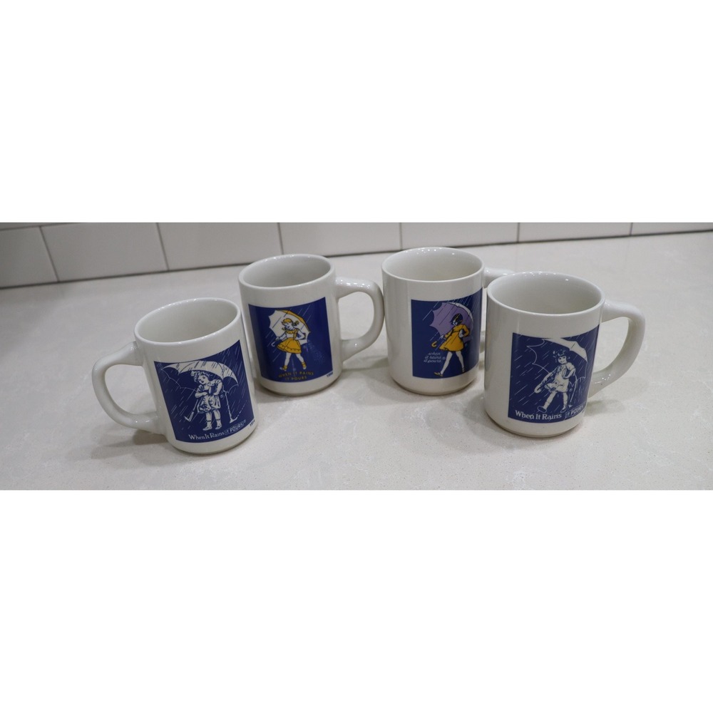 Vintage Morton Salt Girl Umbrella Mugs Throughout the Years Set of 4 Japan